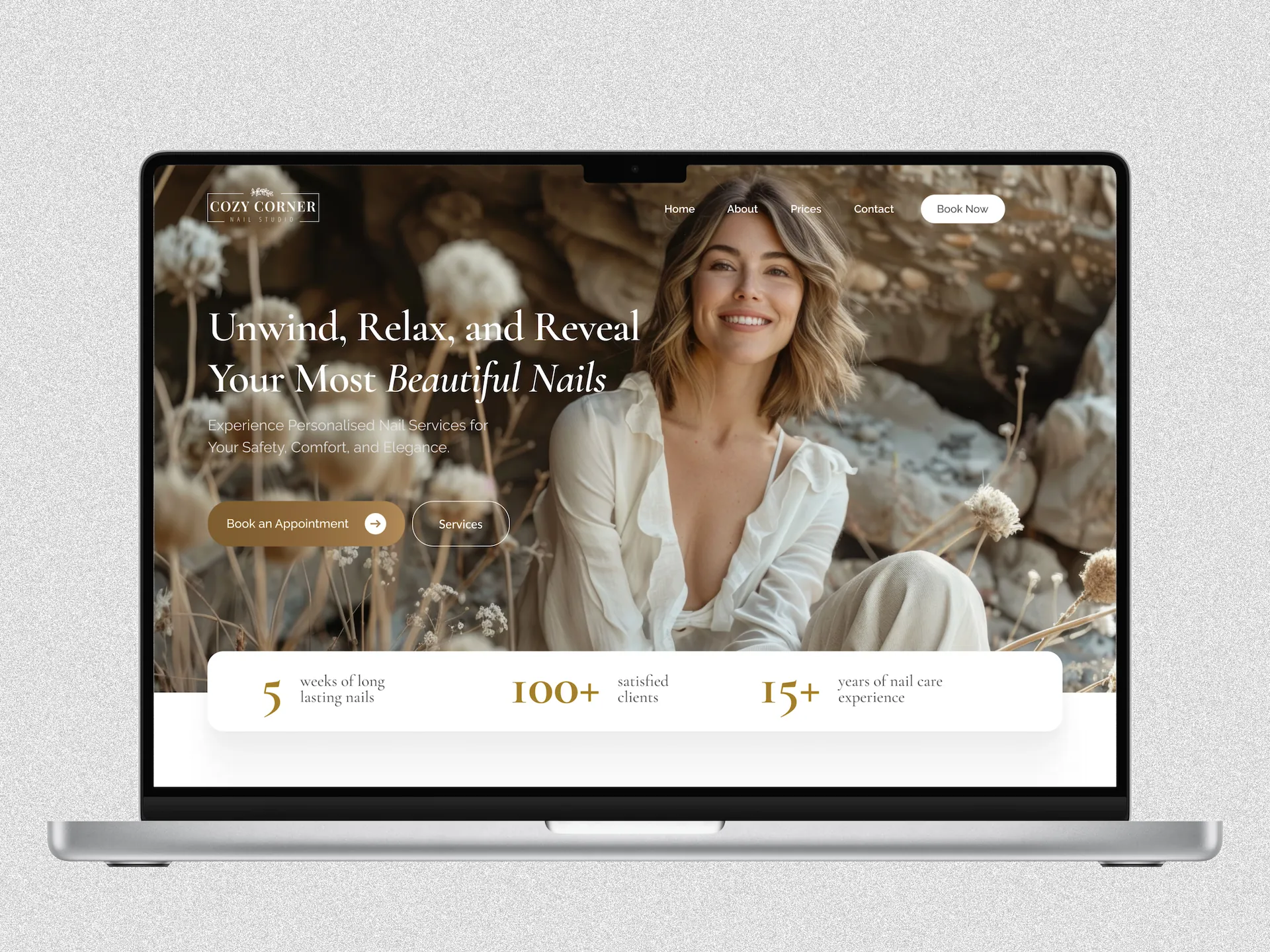 The Cozy Corner Nail Studio website shown across devices.